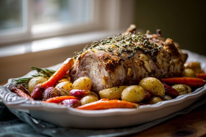 Rôti de porc entier avec légumes racines