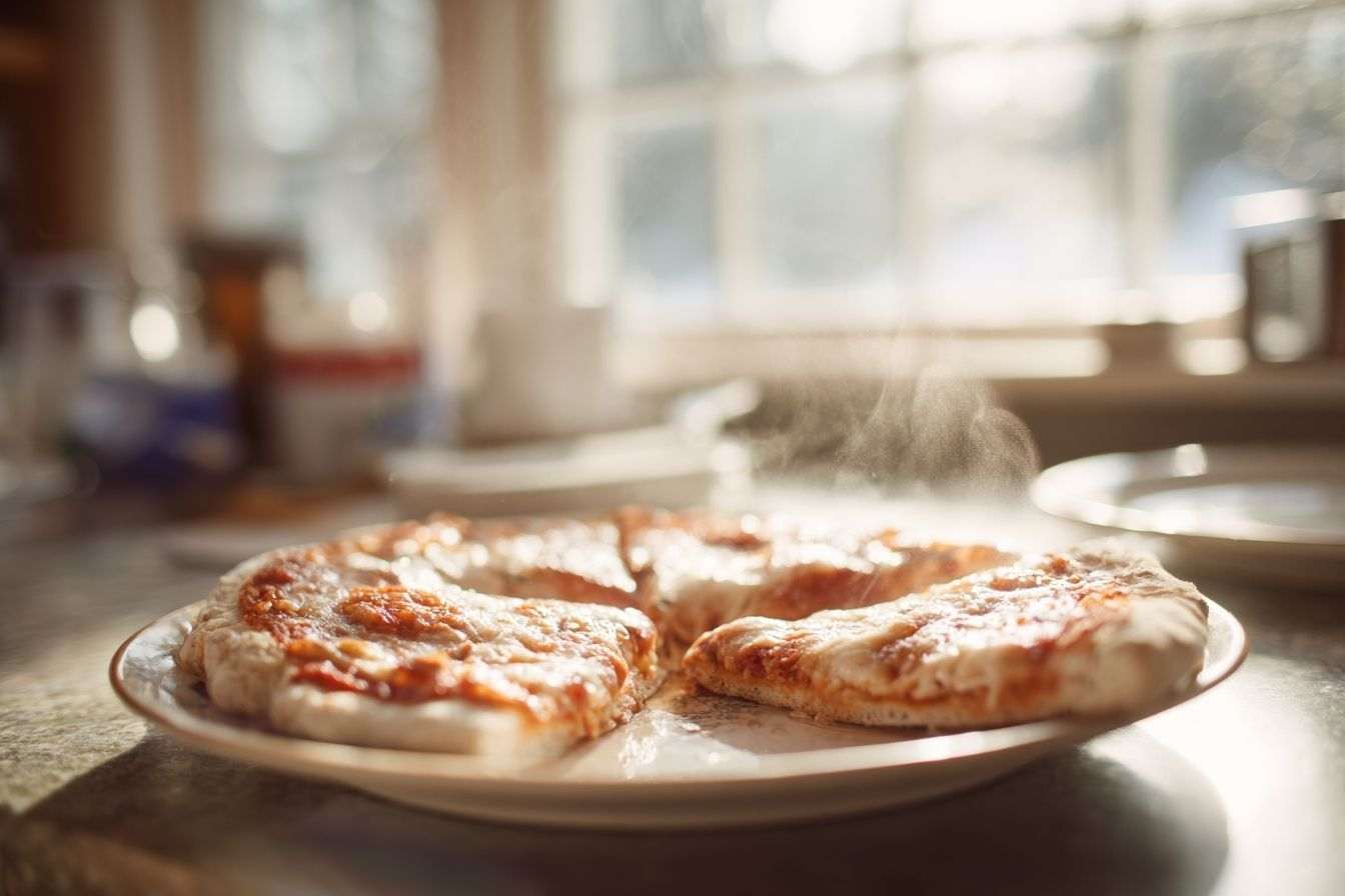 Des tranches de pizza légère fumante sur une assiette