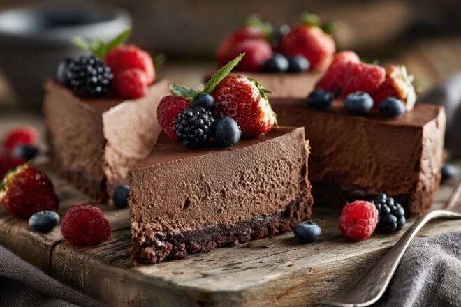 Tranches de cheesecake au chocolat sur table rustique