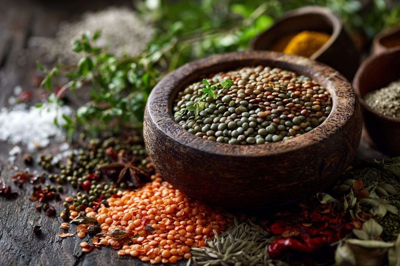 Bol de lentilles avec herbes fraîches et épices