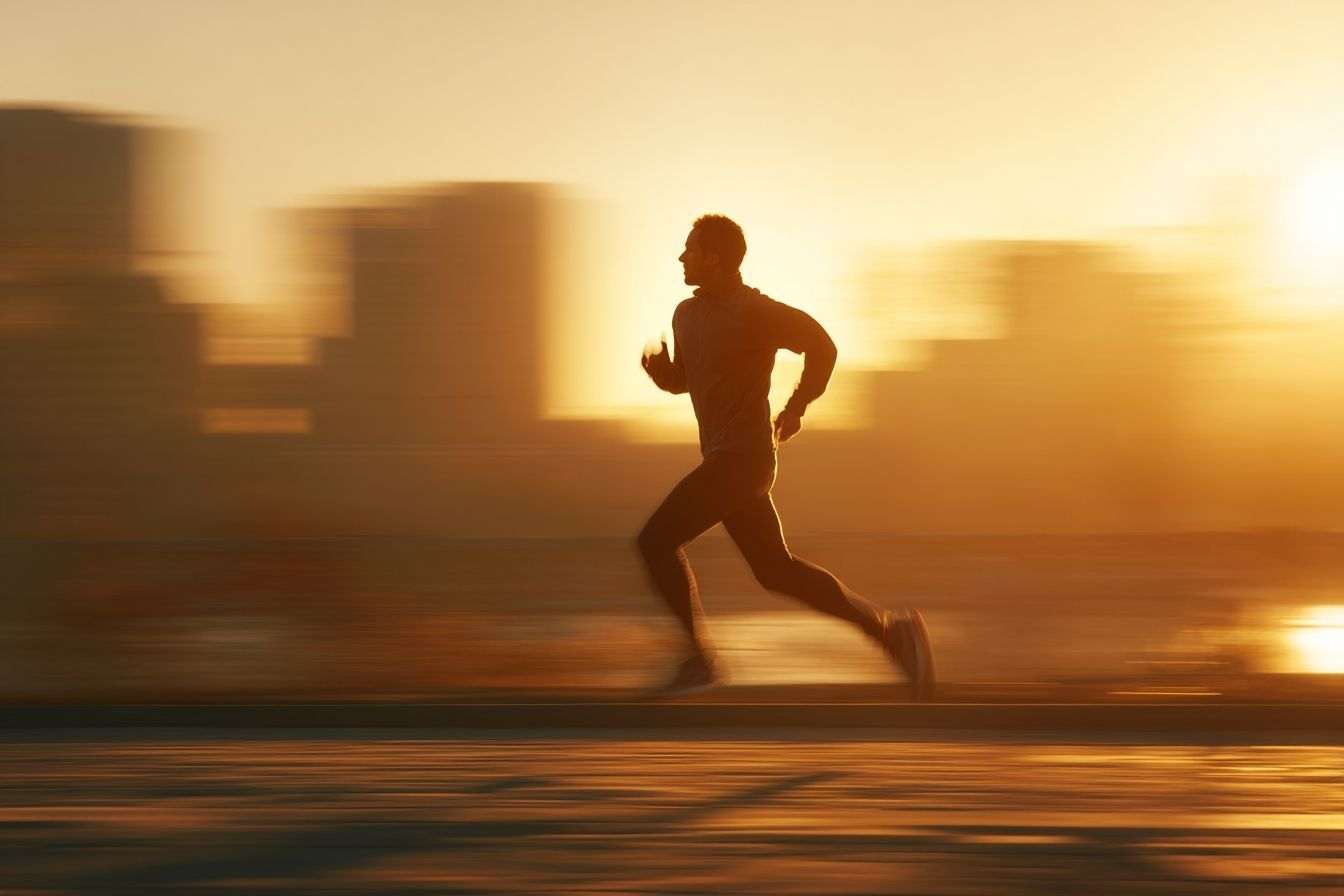 Runner à l aube en pleine foulée