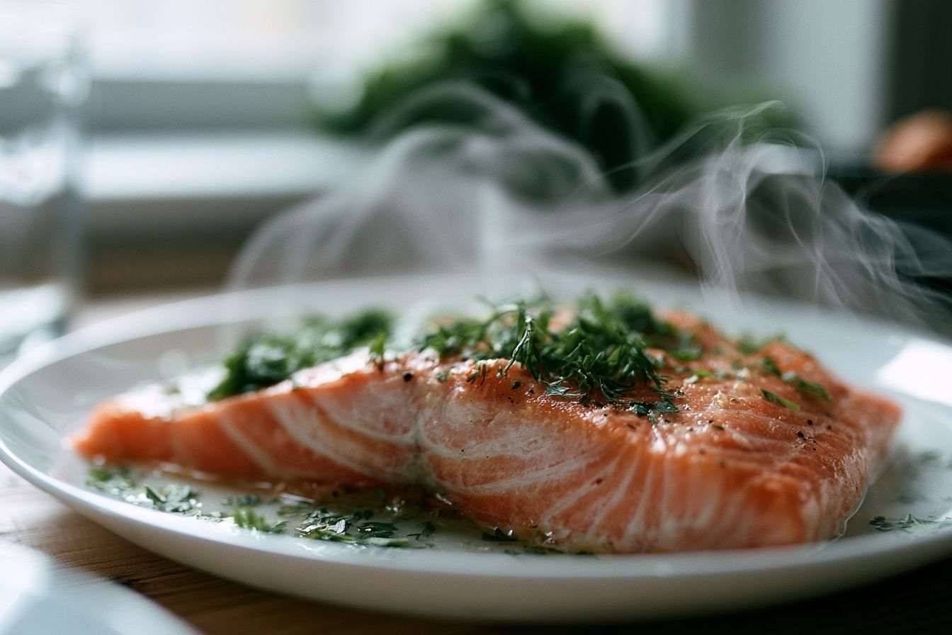 Filet de saumon cuit à la perfection avec herbes fraîches