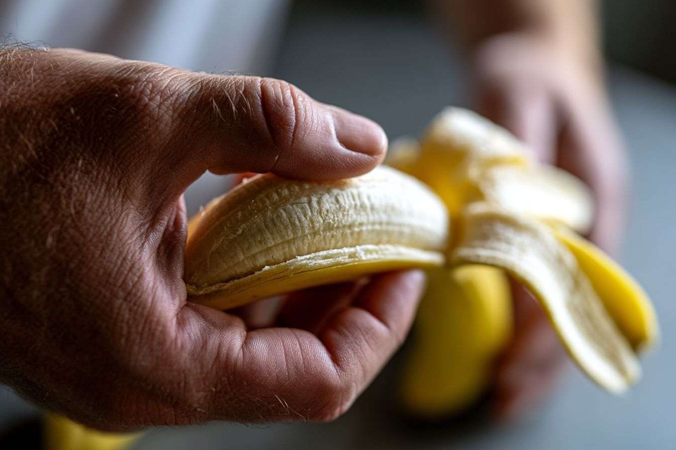 Main délicatement en train de peler une banane