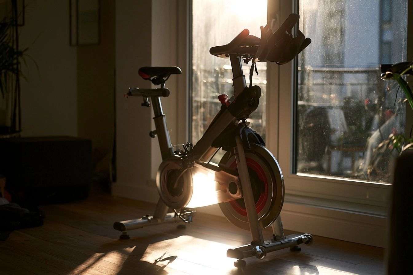 Vélo d appartement près d une grande fenêtre avec lumière du soleil