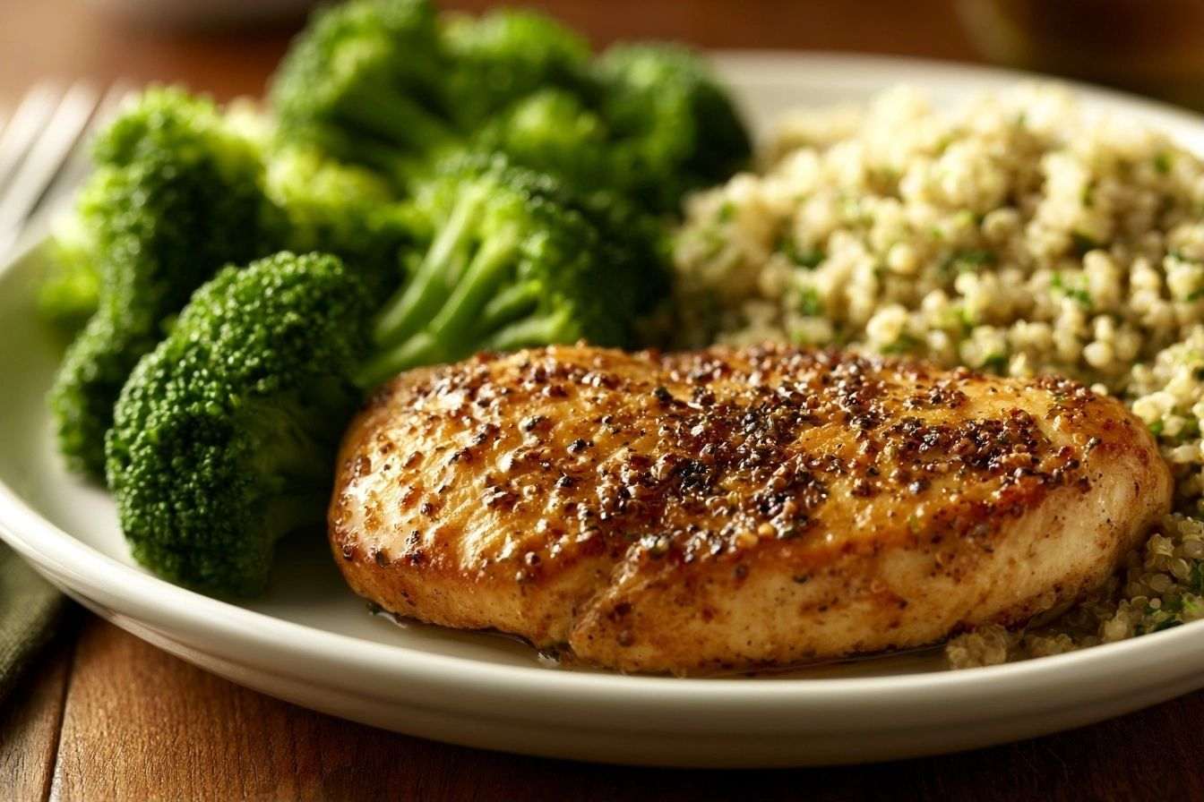 Poulet joliment disposé avec quinoa et brocoli