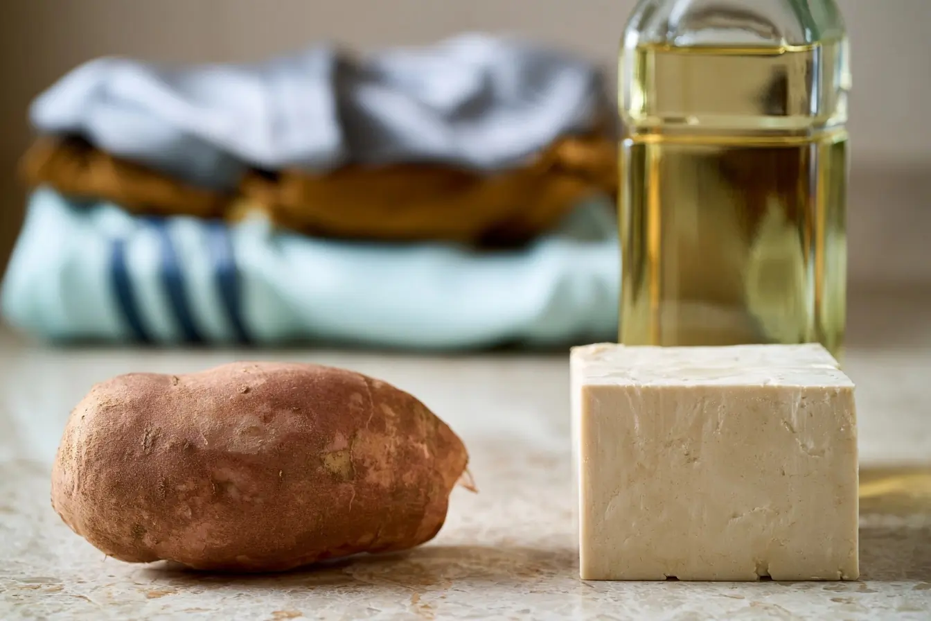 Patate douce tofu et huile en cuisine