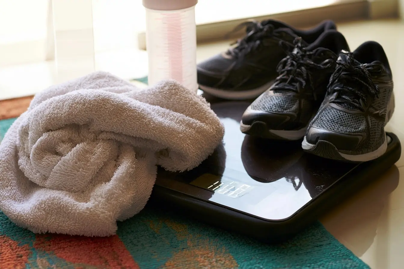 Balance, chaussures et gourde graduée