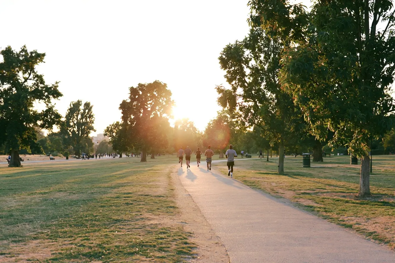 Joggeurs dans un parc au soir d’été