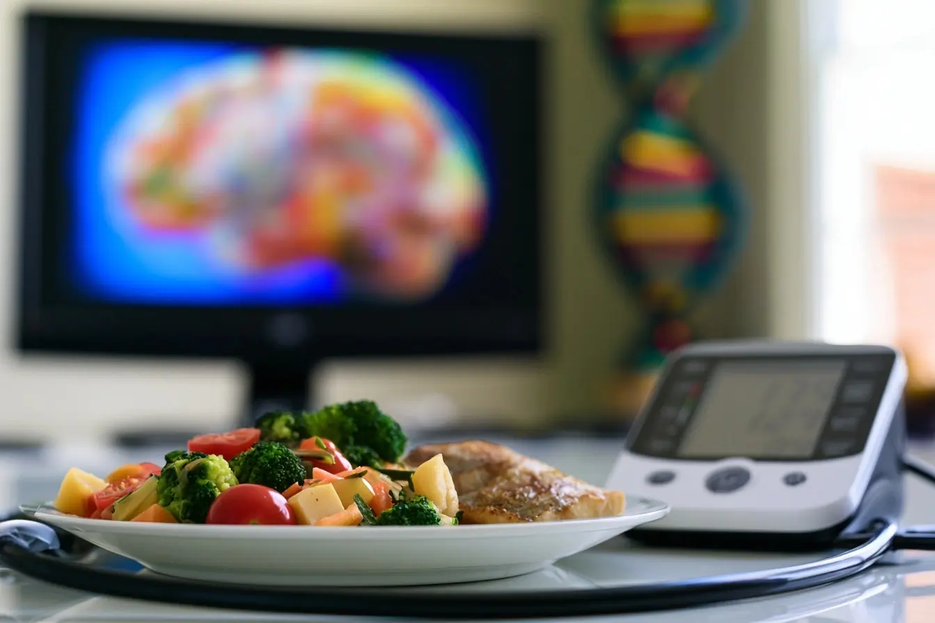 Assiette saine, tensiomètre et écran cerveau
