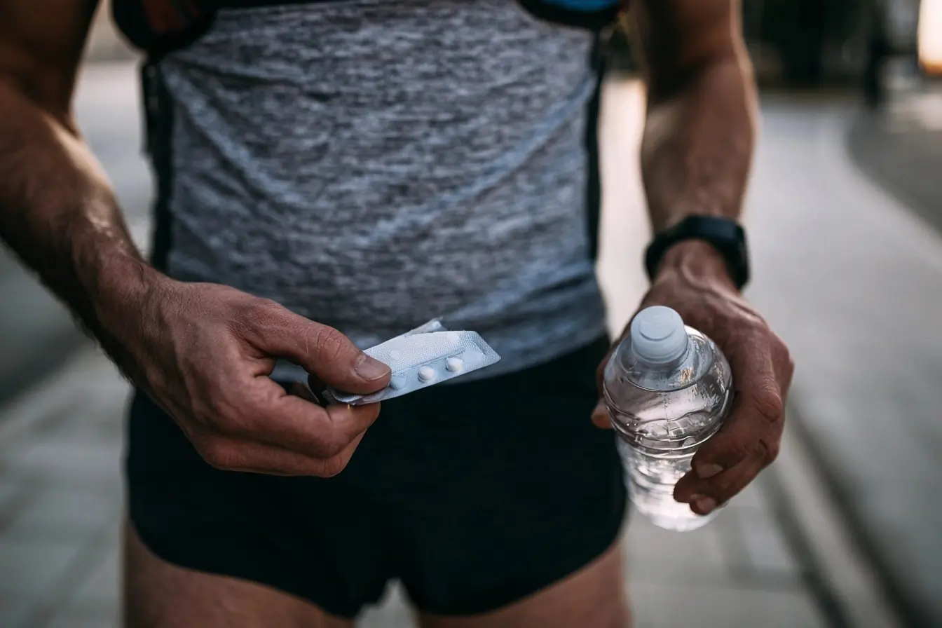 Coureur tenant ibuprofène et gourde