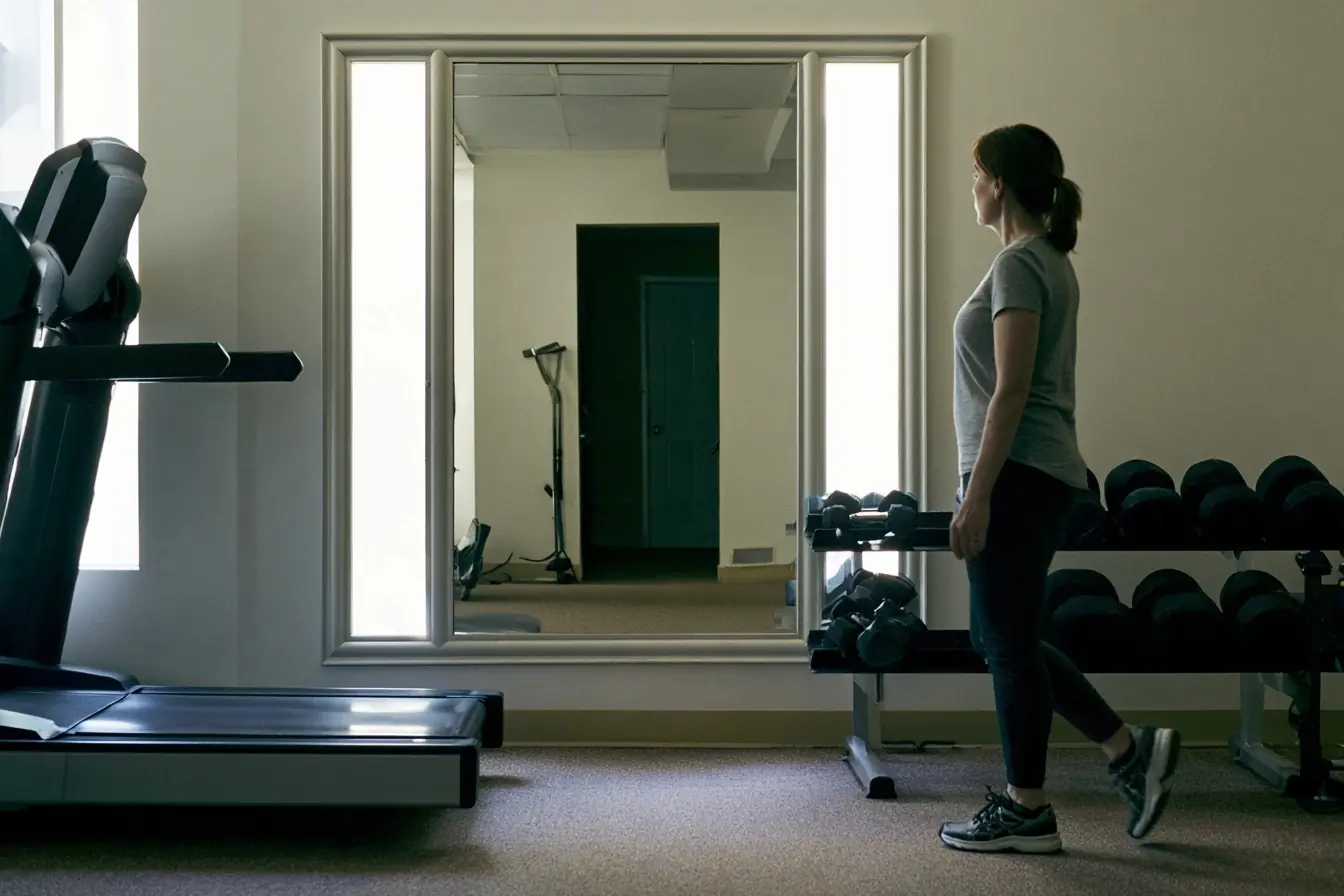 Femme entre cardio et haltères en salle