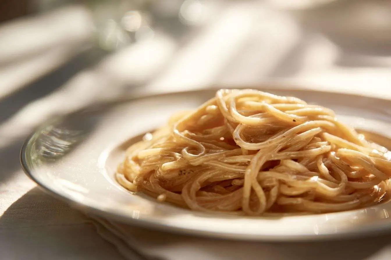 Une assiette de pâtes au design épuré avec une sauce délicate.