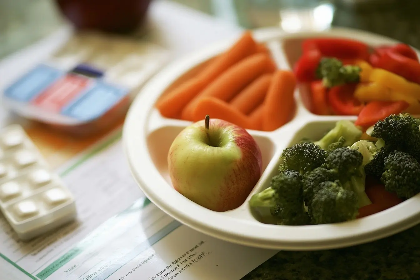 Assiette de fruits et légumes près d’un pilulier