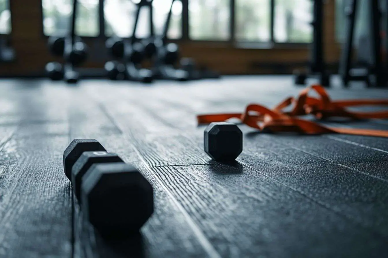 Vue rapprochée du sol d'un gymnase équipé pour un entraînement des jambes avec poids et bandes élastiques