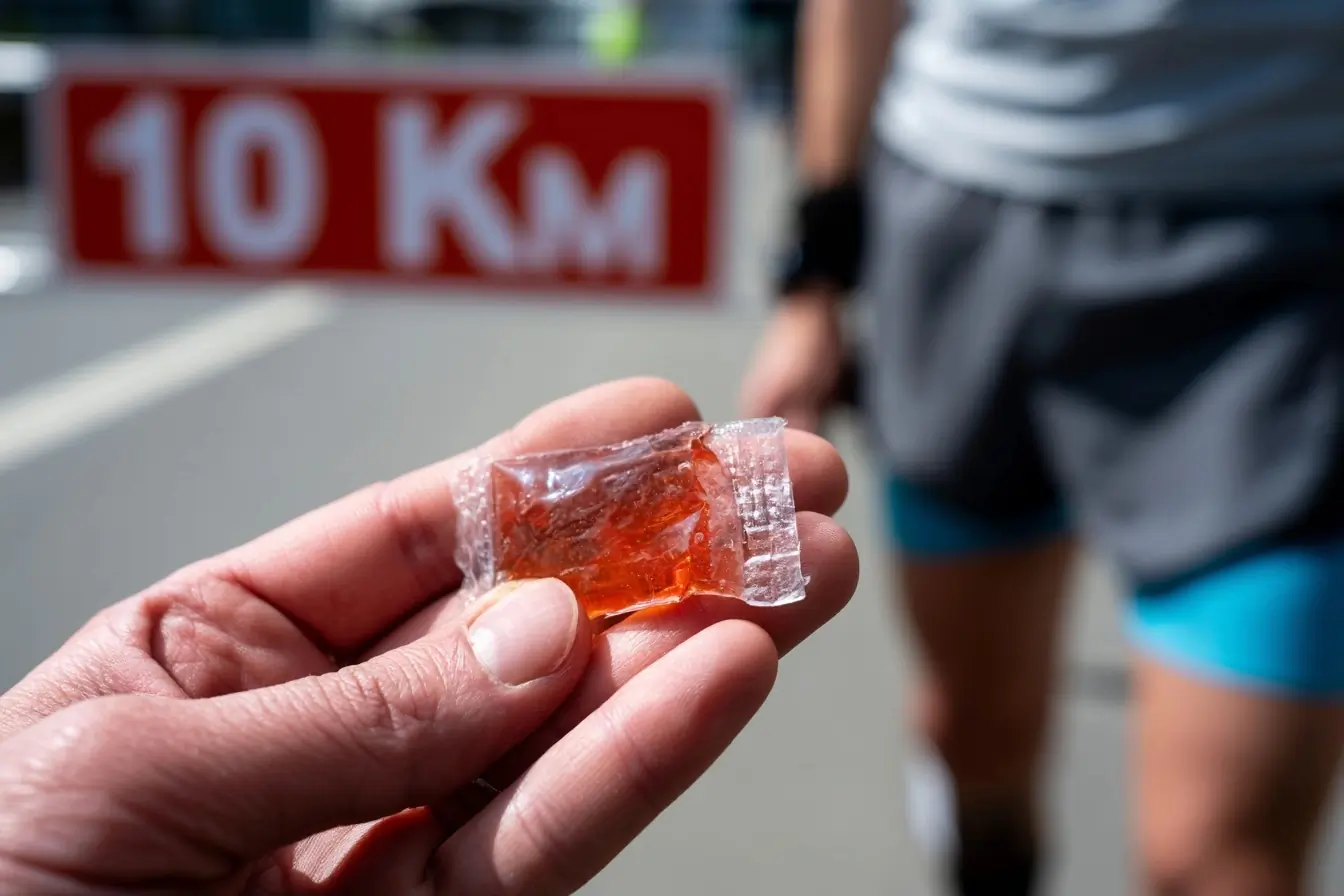 Gel ouvert dans la main d’un coureur