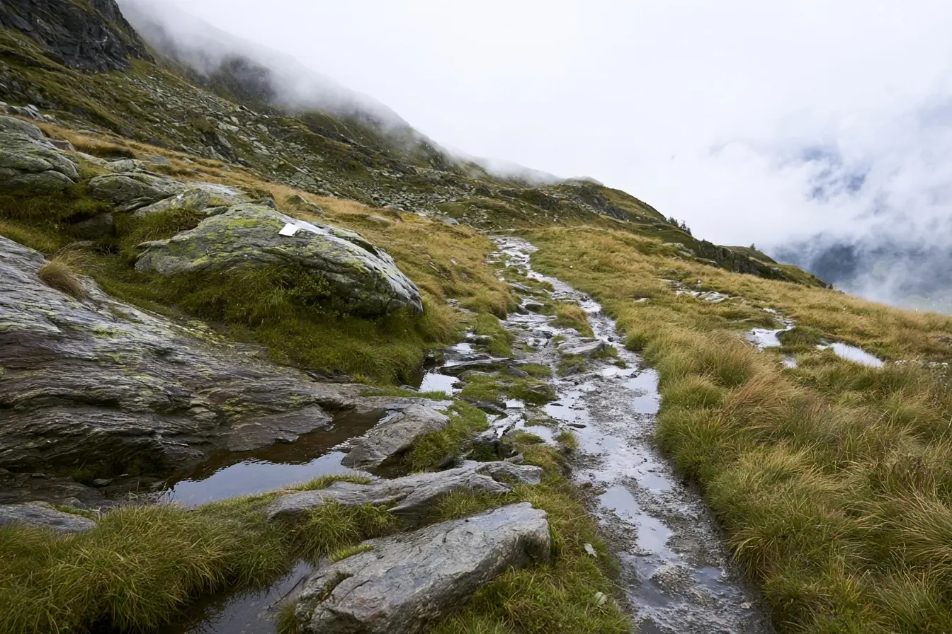 Sentier de montagne détrempé et balisé